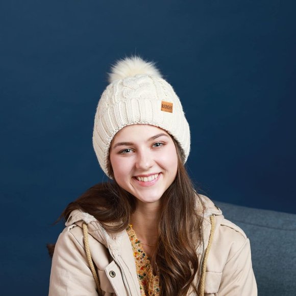 Womens Winter Warm Fleece Lined Knitted Soft Ski Cuff Beanie Hat with Pom Pom main image 6